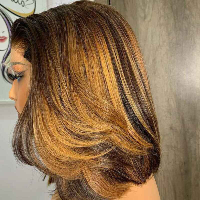 Perruque Bob Lace Closure Wig Brésilienne Naturelle, Cheveux Lisses, 13x6, 4x4, 5x5, Pre-Plucked, à Reflets, pour Femme