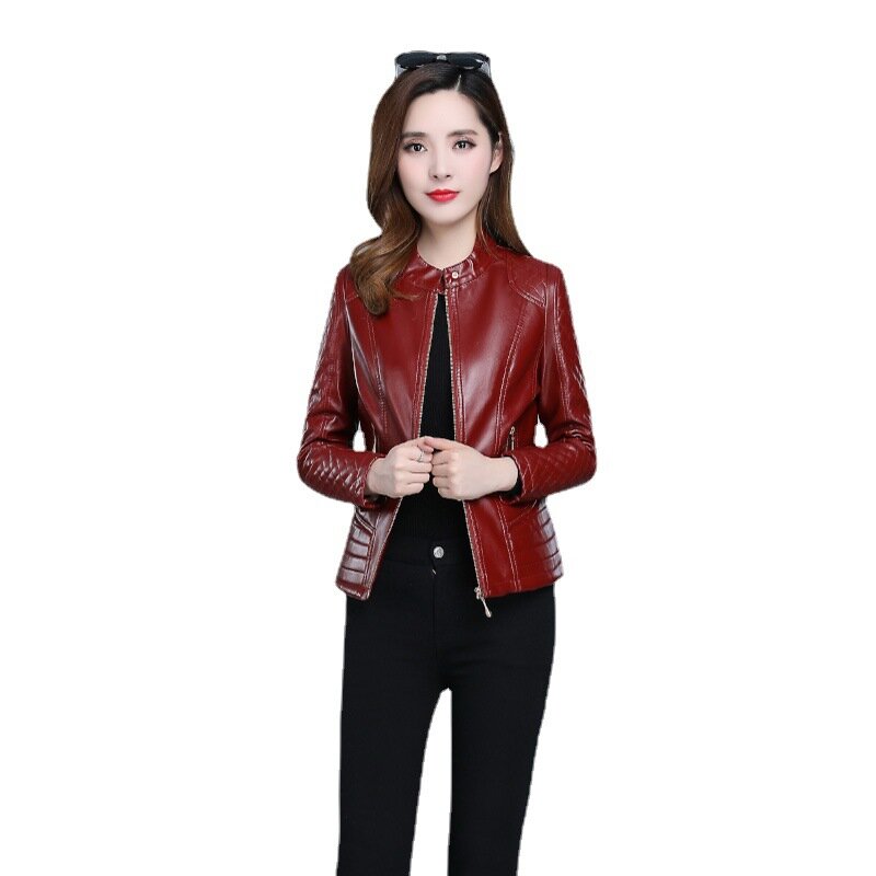 ZXRYXGS 2023 Premium Pu OL Temperament Leather Coats Korean Short Standing Collar Women's Leather Coat Zipper Trend Jackets New