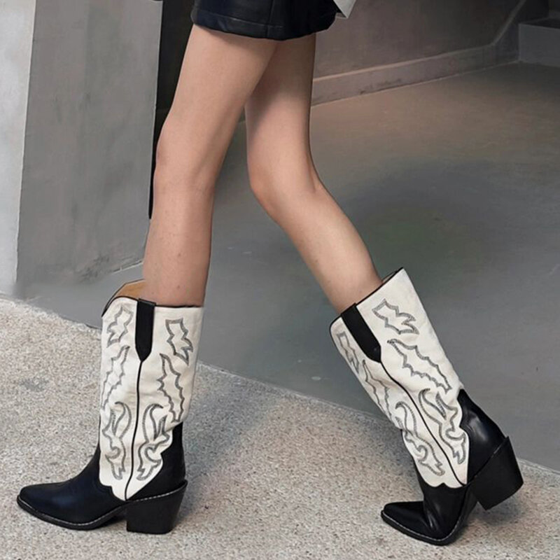 Designer Autumn Gladiator Woman Knee High Boots Fashion Embroidery Thick High Heel Shoes Ladies Outdoor Long Booties