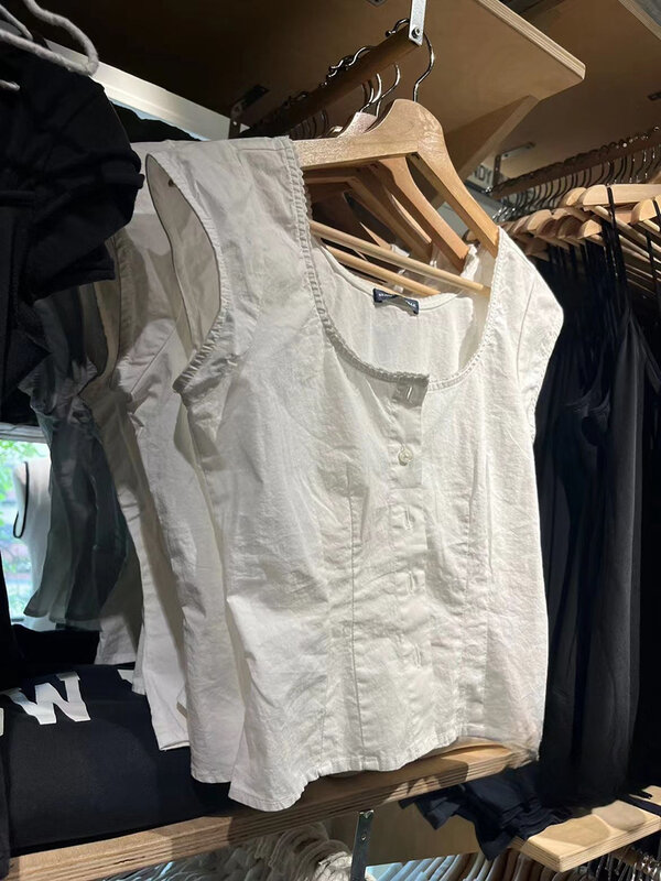 Camiseta blanca ajustada de manga corta para mujer, blusa informal de algodón con botones y cuello en U, estilo dulce Preppy, camisetas lisas de verano