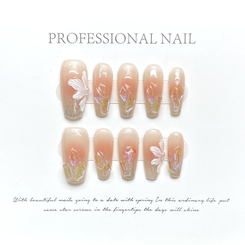Shiny Handmade Nails Press on Full Cover Manicuree Ice Flower False Nails Wearable Artificial With Tool Kit
