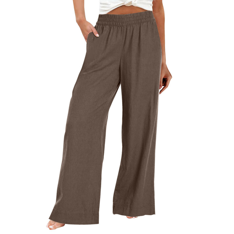 Cotton And Linen Trousers, Summer Wide-Legged Casual Loose High-Waisted Wide-Leg Trousers With Pockets pantalon femme 롱 치마바지