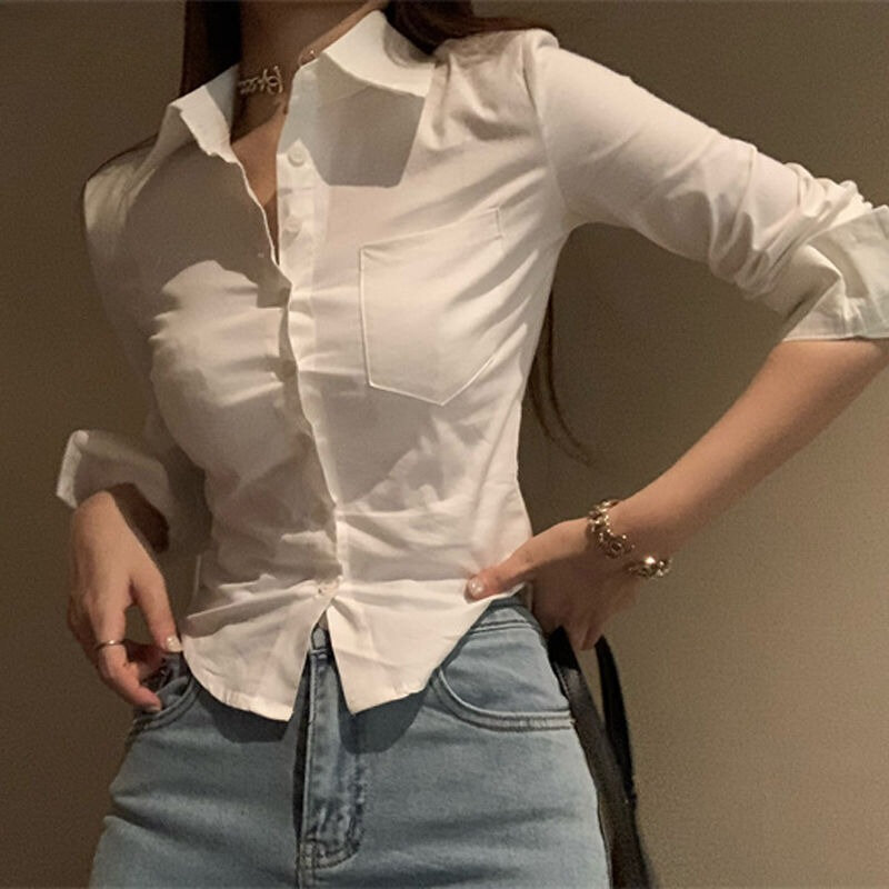 Рубашки женские облегающие минималистичные корейские модные Универсальные с длинным рукавом Однотонная шикарная Популярная женская одежда Весна Y2k укороченные удобные