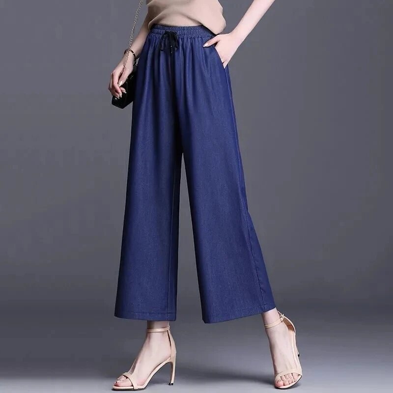 Celana panjang lurus wanita, Jeans pinggang tinggi elastis tipis kaki lebar Denim sutra dingin musim panas