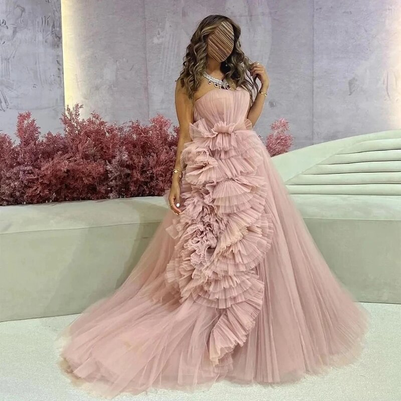 Oisstec gaun Prom tanpa tali merah muda gaun malam Tulle ruffle berjenjang Ruched A-Line panjang lantai gaun pesta Formal buatan khusus
