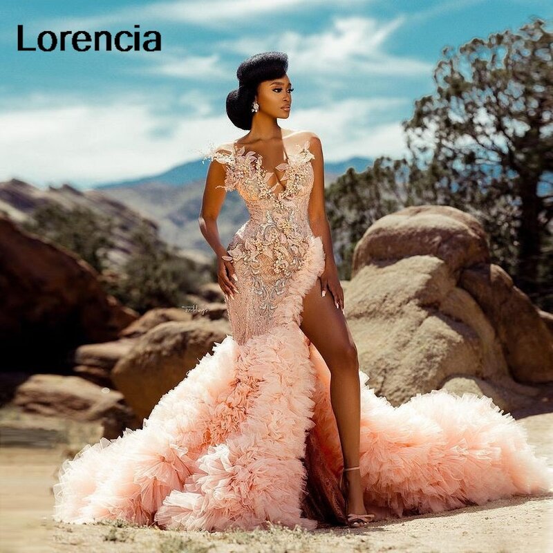 Lorencia African Pink Mermaid Prom Dress Side Slit Beading Crystals 3D Appliques Formal Party Evening Gowns Robe De Soiree YPD11