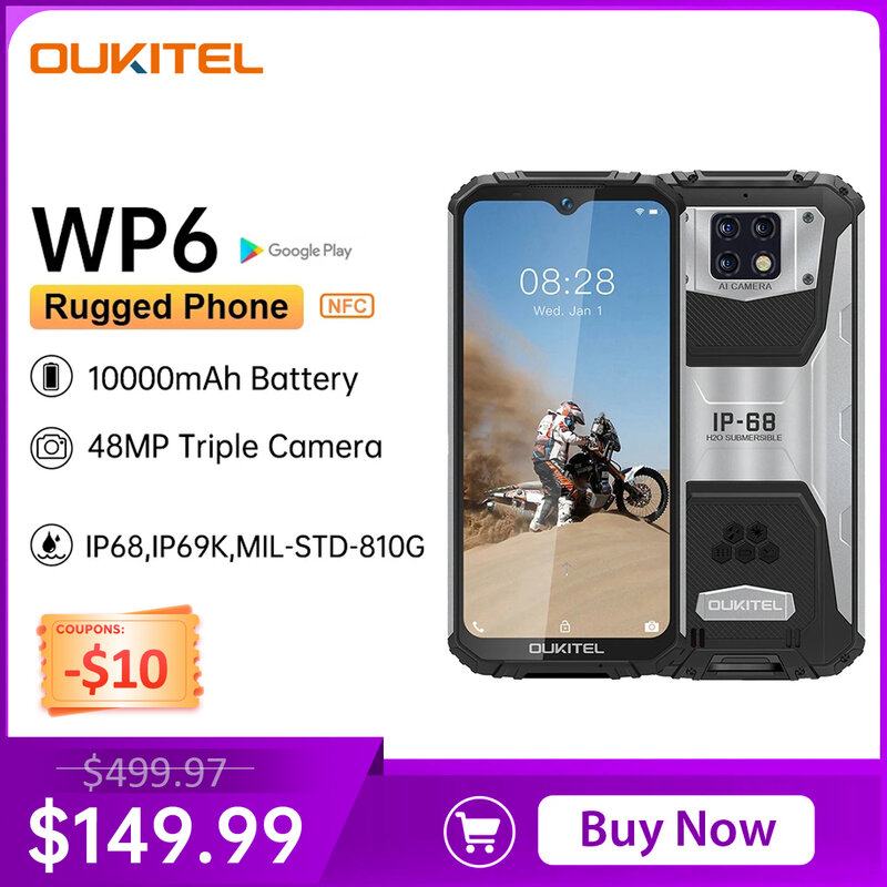 OUKITEL WP6 6GB 128GB 10000mAh Smartphone 6.3 ''FHD Impermeável Telefone Móvel Octa Core 48MP Câmeras Triplas Rugged phone