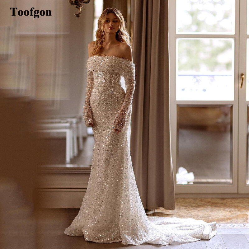 Toofgon ชุดแต่งงานทรงเมอร์เมดแขนยาวแบบพิเศษปิดไหล่สำหรับงานปาร์ตี้ชุดเดรสเจ้าสาวชุดเจ้าสาว