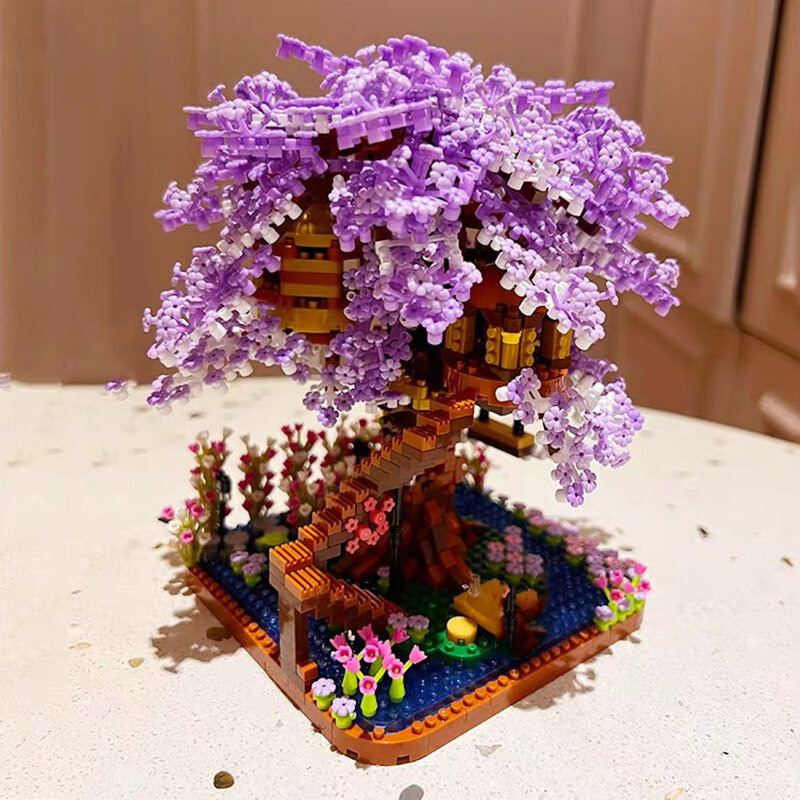 الطوب الصغير الأرجواني بيت شجرة ثلاثية الأبعاد نموذج اللبنات DIY بها بنفسك ديكور المنزل شجرة الكرز التجمع الطوب لعبة أطفال هدية