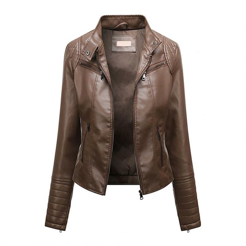 Slim Faux Leather Jacket Women Stand Collar Long Sleeve Pockets Zipper Biker Coat Thin Autumn Winter Jacket Outwear