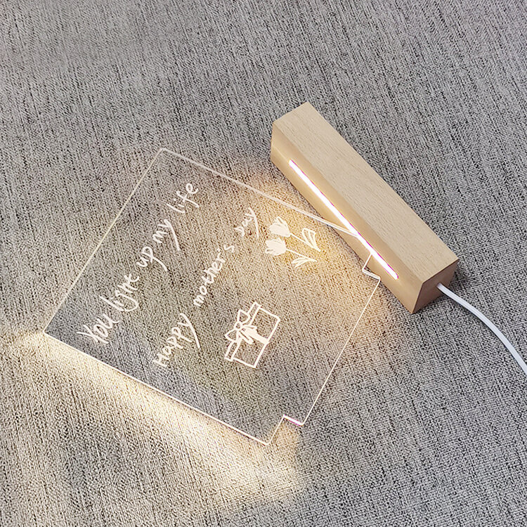 Acrílico Light-Emitting Message Board, Noite lâmpada LED, apagável, transparente, Memo Board