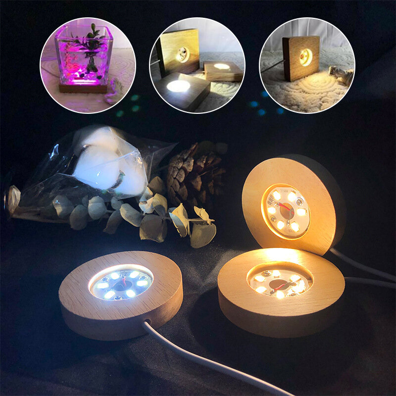 Soporte de luz LED con Base de madera redonda, adorno artístico de resina de cristal, soporte de lámpara, luz nocturna