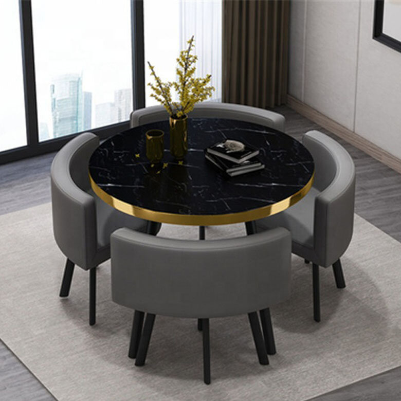 FavTosSpace-Ensemble de mini table à manger avec pieds en métal, table basse ronde Mdf, meubles de balcon et de maison, économie d'espace, 4 chaises