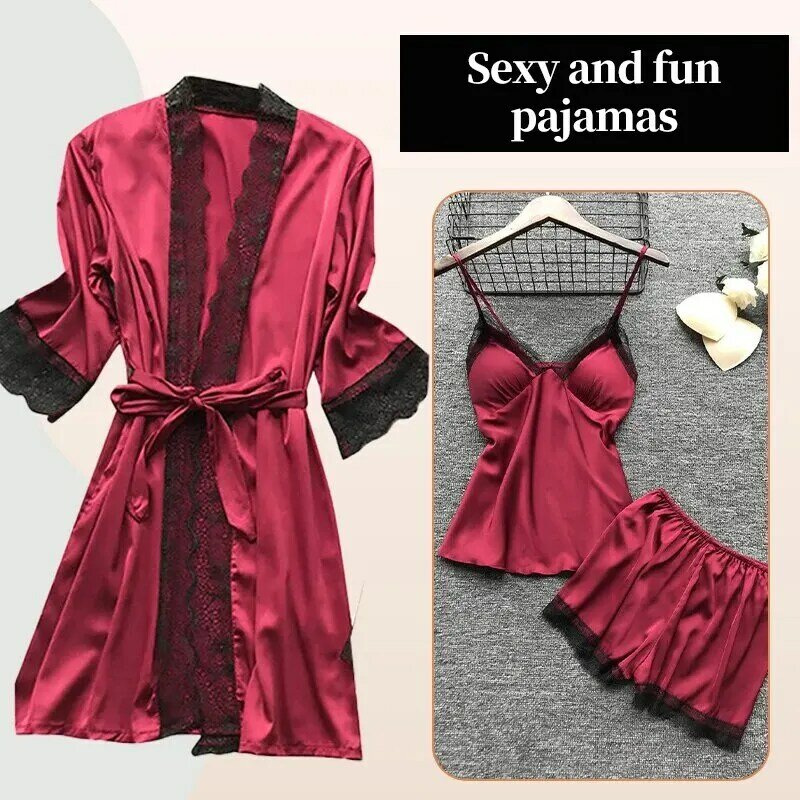 4PCS Sleepwear Pajamas Set Silk Women Nightdress Lace Dress Robe Sleep Nightwear Silk Solid Color Pijama Sets