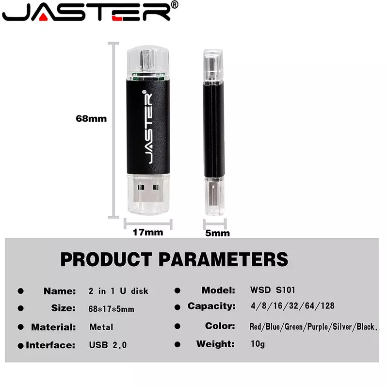 JASTER Pendrive USB 2.0 Logam Flash Drive Hitam 3ni1 OTG Gratis TYPE-C Adaptor Logo Kustom Stik Memori 64GB Hadiah Bisnis U Disk