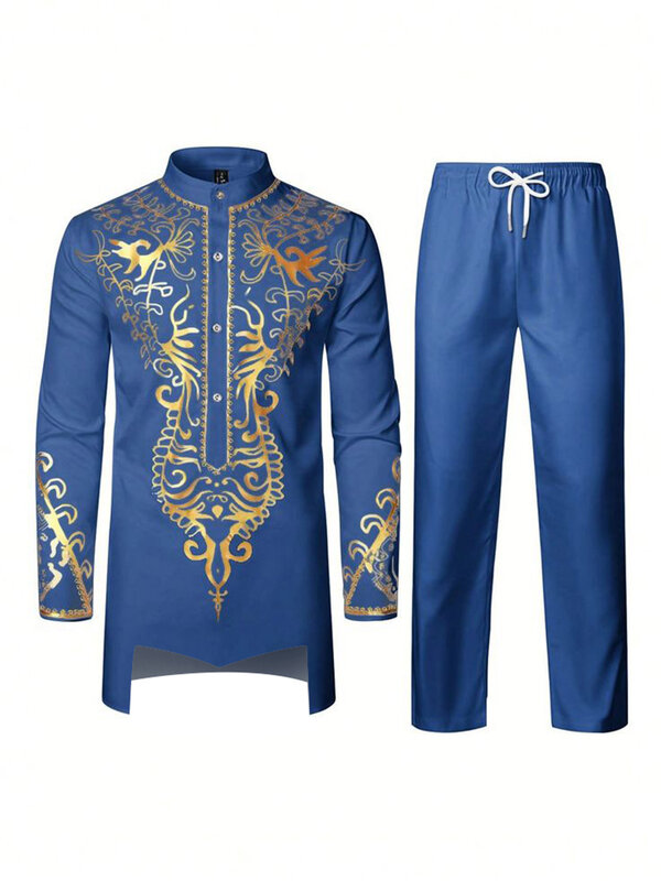 Jubah Muslim celana panjang lengan panjang biru gaun tradisional pria Arab 3D pola cetak hitam putih kuning biru tua