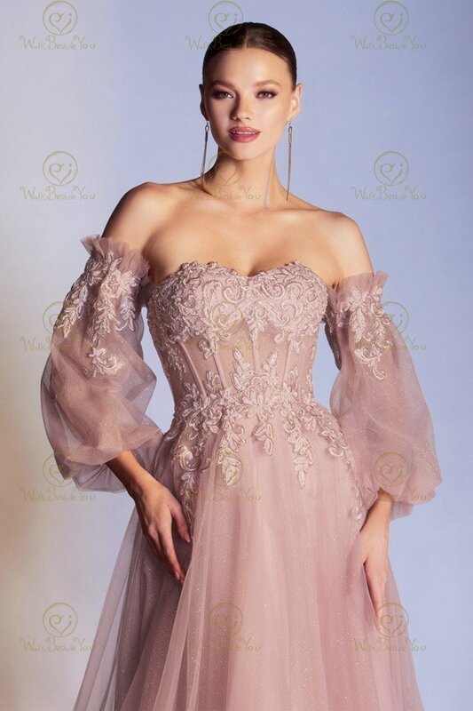 Glitter suknie balowe 2023 tiul Dusty-Rose Lace Boho Off Shoulder bez ramiączek rękawy suknia wieczorowa Party Vintage Princess formalne