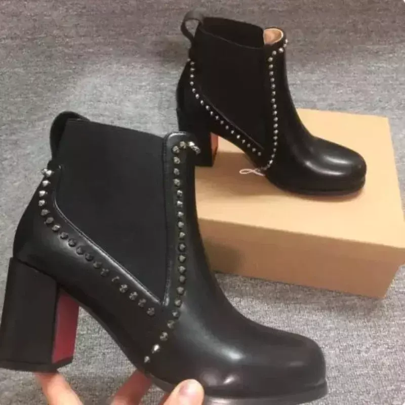 TOP QUALITY Real Cow Leather Ankle Boots Woman Round Toe Rivet High Heels Shoes Woman Sexy Chelsea Boots Red Bottoms Shoes 8cm