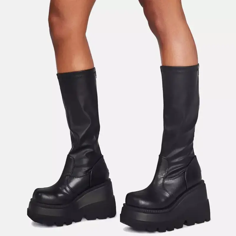 Женские ботинки на платформе в стиле панк, эластичные черные ботинки до середины икры из микрофибры на массивном каблуке, демисезонные 2024