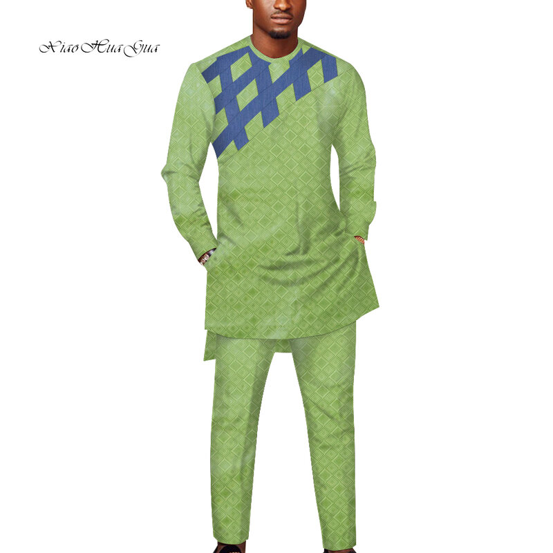 Африканская мода топ с круглым вырезом и брюки мужская одежда Дашики рубашка + брюки мужские комплекты свадебная одежда на заказ WYN1363
