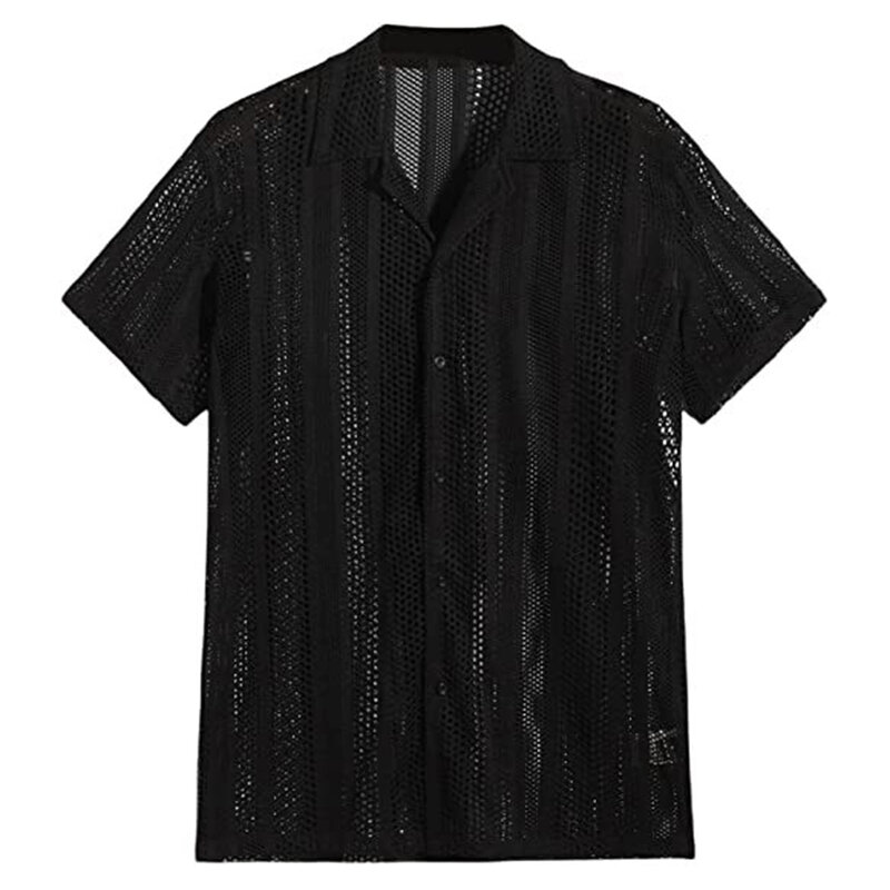 남성용 셔츠 탑 통기성 클럽 할로우 아웃 반팔, 저렴한 싱글 브레스트 가디건, 시스루 셔츠