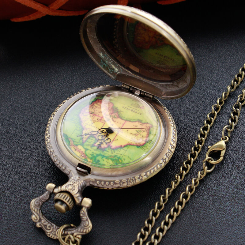 Jam tangan saku Quartz fitur peta indah antik jam perunggu rantai FOB baja antik hadiah terbaik untuk pria dan anak-anak