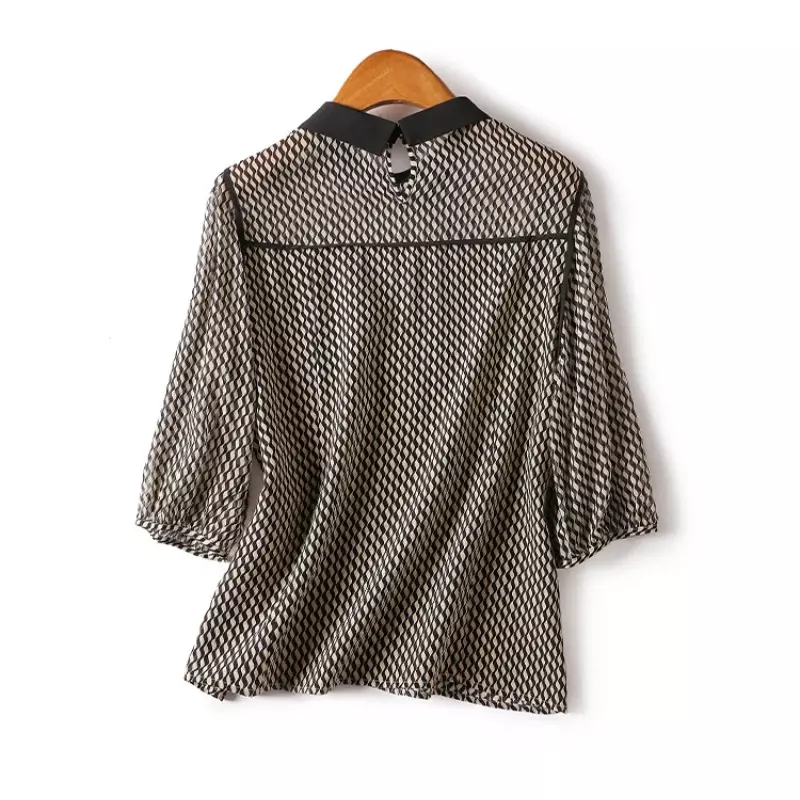 Szyfonowa koszula damska w stylu vintage Letnie bluzki damskie w paski Modna odzież z kołnierzykiem Luźny top z krótkim rękawem