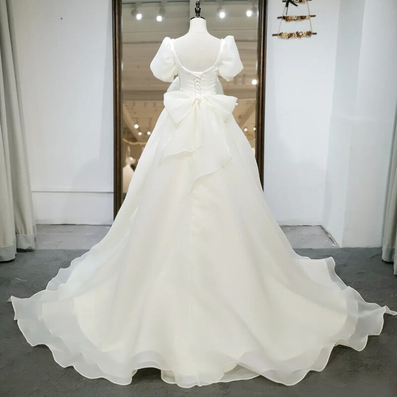 Korea Style Square Neck A-Line Puffy Sleeves Organza Backless With Bow Chapel Train Lace-Up Wedding Dress Gown Bridal Dress