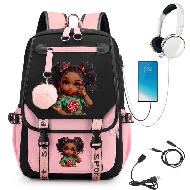 Ransel anak perempuan motif gadis Afro cantik tas sekolah imut untuk pelajar remaja perempuan tas buku ransel Laptop ransel isi ulang Usb Mochila