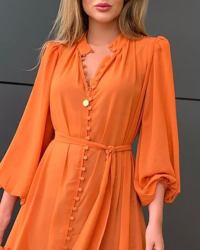 Elegant Office Ladies Orange Ruffle High Quality 2023 Spring Summer Puff Sleeve V Neck Sweet Long Dresses Women's Clothing