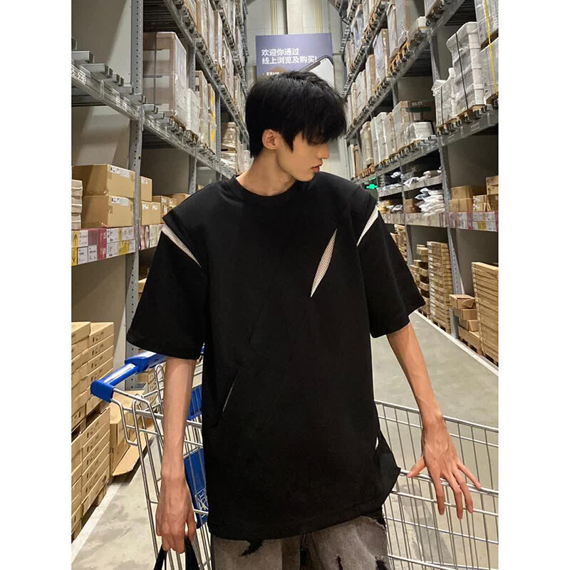 Kaus leher O pria lengan pendek dekonstruksi musim panas warna Hit Splice Korea populer pakaian ukuran besar jalan tinggi hitam putih