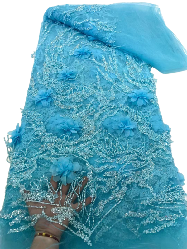 Tessuto di pizzo di Tulle con perline francesi, coda di piume, tessuti di pizzo netto africano con paillettes, materiale da sera, moda di lusso, 2024
