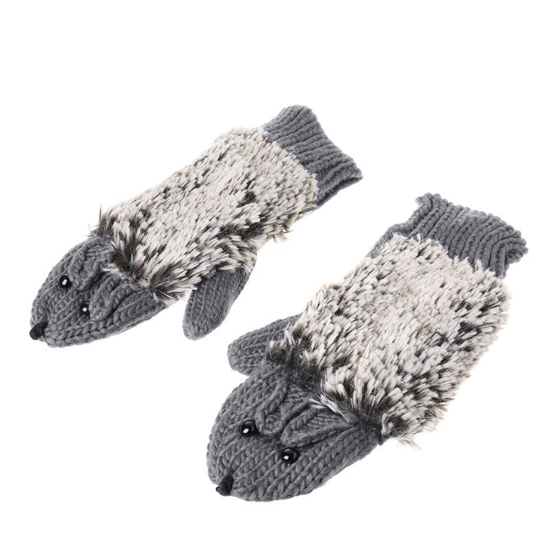 50JB 1 Pair Hedgehog Winter Knitted Gloves Cute Cartoon Animal Halloween Cosplay Full Finger Mittens Thermal Hand Warmer