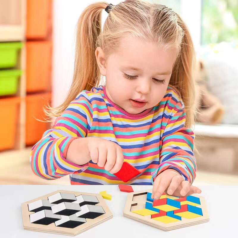 Houten Blokken Puzzel Brain Teasers Speelgoed Tangram Stereo Jigsaw Intelligentie 3D Russische Blokken Spel Stem Montessori Educatief Speelgoed