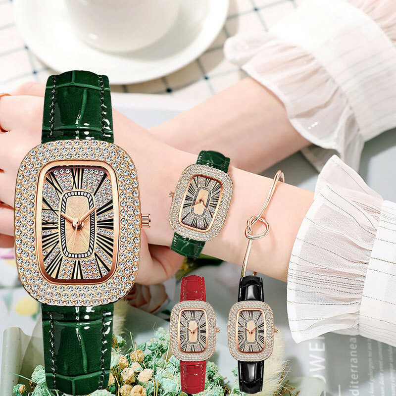 Relojes de pulsera pequeños con correa de cuero para mujer, reloj de diamantes de lujo, relojes de batería con números romanos para mujer