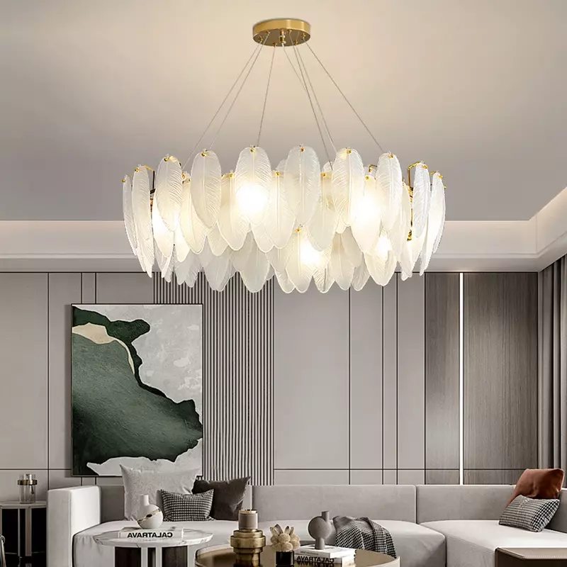 Candelabros de techo de cristal de plumas LED modernos, lámpara colgante para sala de estar, comedor, decoración del hogar, accesorios de brillo