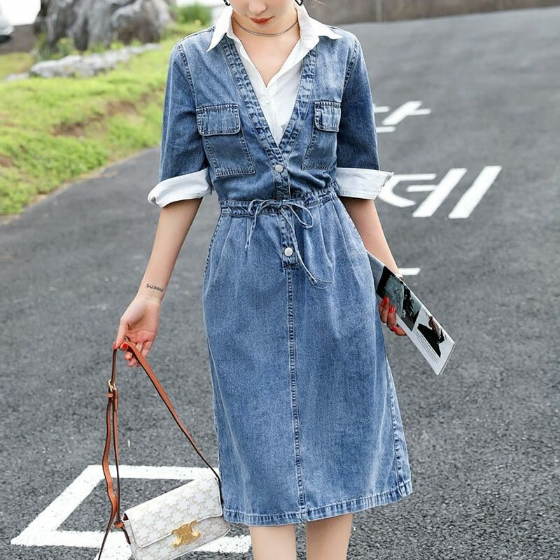 Fake Two Pieces Patchwork Midi Dress Spring Summer A-Line Stylish Drawstring Female Clothing Commute Pockets Half Sleeve Dresses