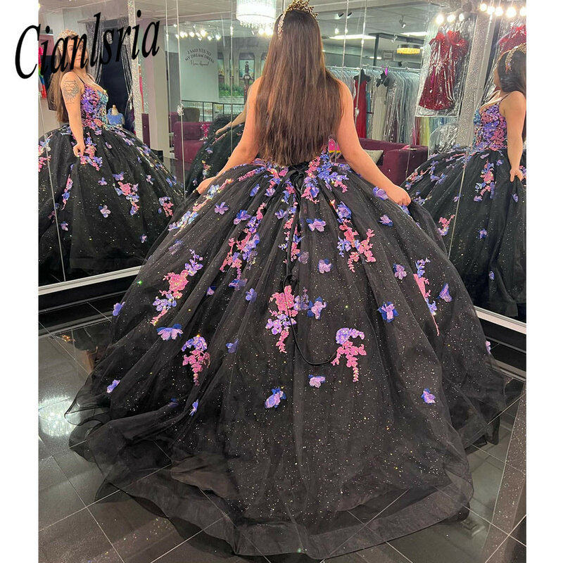 Vestidos De quinceañera negros con apliques 3D, Vestidos De baile De flores hechos a mano, escote Corazón, 15 Años