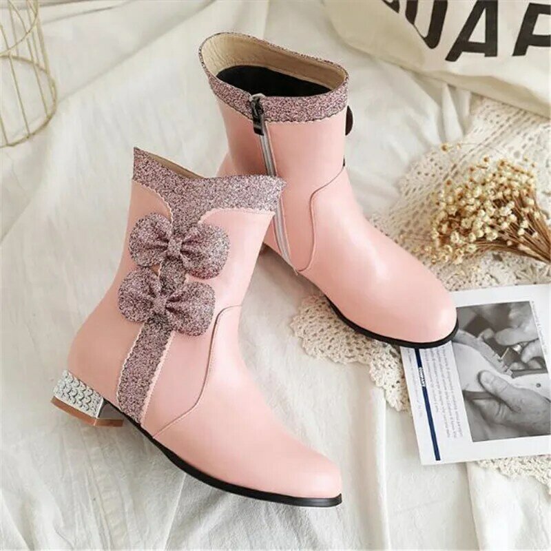 Jesienne dziewczęce buty zimowe nowy styl słodkie kokardki botki o średniej wysokości wysoki obcas damskie buty różowe Lolita studenckie buty Plus rozmiar 28-43