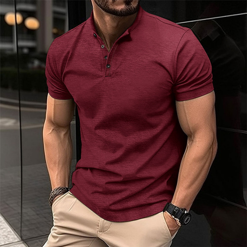 Men's POLO shirt button Henry collar short-sleeved pullover casual sports solid color stand collar trend T-shirt