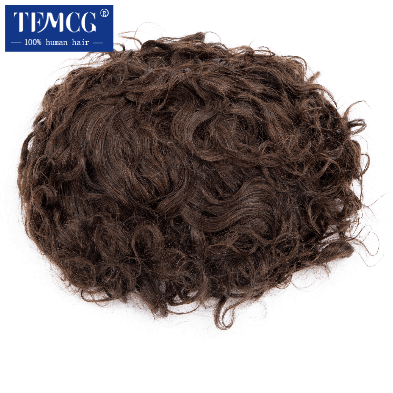 Prótesis de cabello rizado para hombres, tupé de micropiel de silicona, duradero, anudado, 0,06-0,08mm, unidad de sistema de cabello indio, 100%