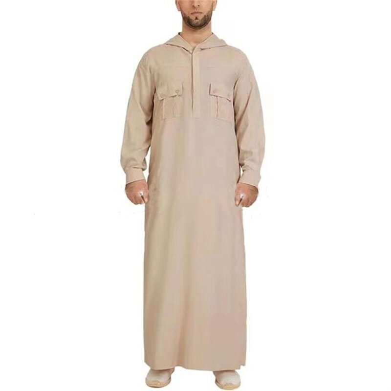 Jalabiya baju Muslim longgar pria, baju saku bertudung lengan panjang sepergelangan kaki warna polos