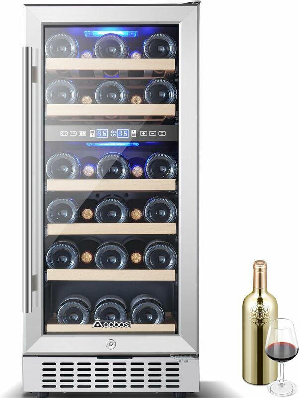 Frigorifero frigorifero per vino da 15 pollici AAOBOSI, frigorifero per vino a doppia zona con aggiornamento 28 bottiglie di raffreddamento a compressore integrato o indipendente