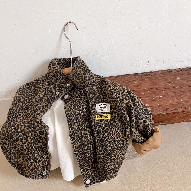 AYNIGIELL jaket lengan panjang anak lelaki perempuan, jaket Denim pendek cetakan macan tutul Korea kasual musim semi musim gugur