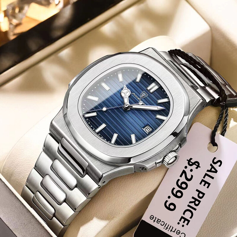 POEDAGAR-Men's Stainless Steel Square Quartz Watch, Luxo, Negócios, Impermeável, Relógio, Luminoso, Data, Novo, 24