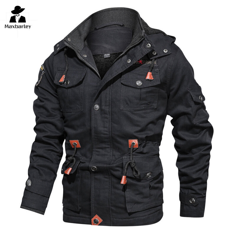 Winter Jacket Men's fleece-lined Thick Warm Windproof Hooded Zipper Mid-length Coat Casual Men's Parka Ski Shirt Multi-pocket