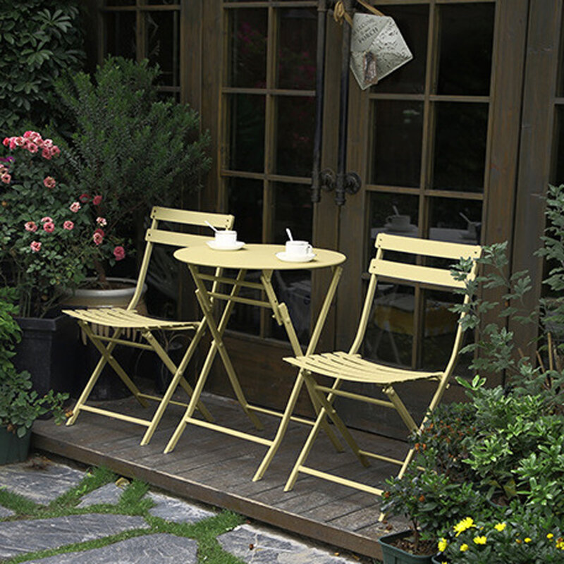 Tavolo e sedie rotondi pieghevoli gialli da 3 pezzi Set da bistrot per Patio con comodi posti a sedere