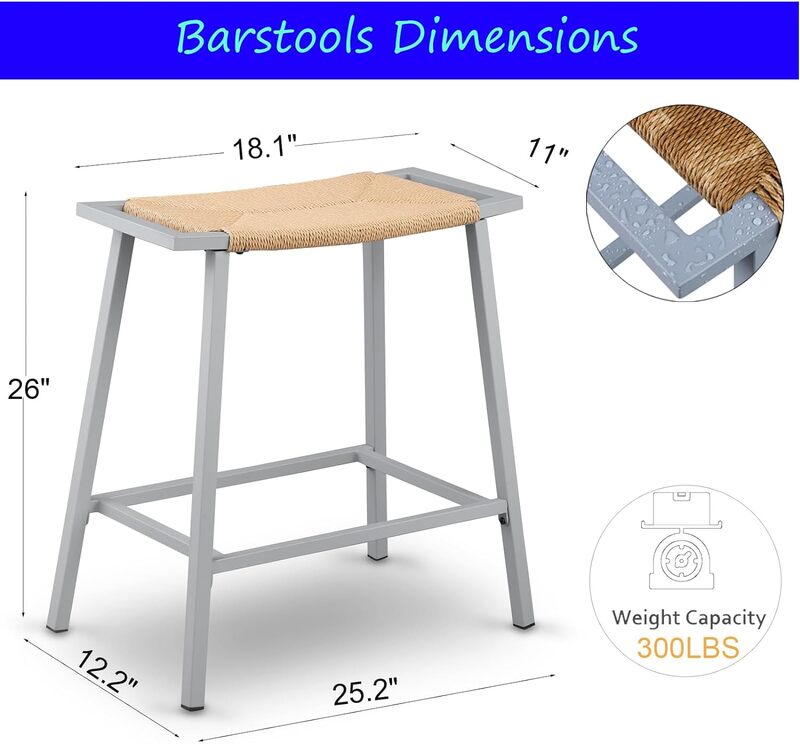 Stołki barowe o wysokości 26 cali, wiklinowe stołki barowe, zestaw 2 sztuk, stołki barowe bez oparcia, stołki barowe, zestaw 2 szt