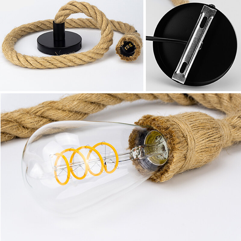 Ретро винтажный подвесной светильник из пеньковой веревки, американские промышленные подвесные светильники, креативные потолочные светильники E27 Edison