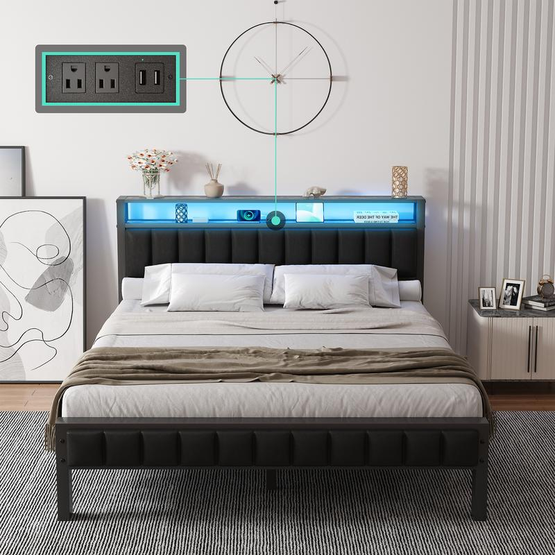Queen Size Bed Frame, Wood & Faux Leather Headboard with Charging Station & 2-Tier Storage Space/No Box Spring Needed/Noise-Free